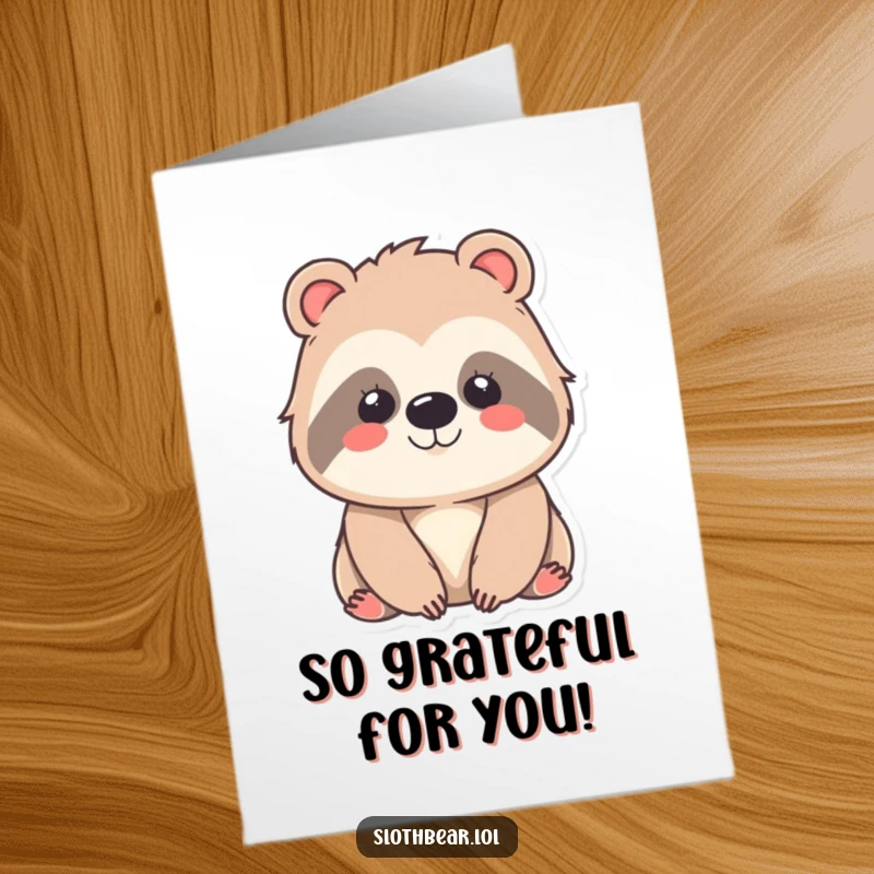 Funny Free Printable Thank You Card with a contented kawaii sloth bear, a charming downloadable art piece.