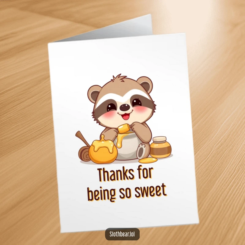 Funny Free Printable Thank You Card: A smiling sloth bear happily devours honey from a pot, expressing sweet thanks.