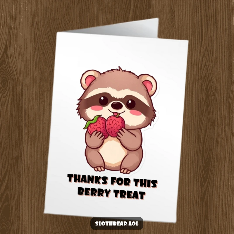 Funny Free Printable Thank You Card: Kawaii sloth bear holding a single berry in awe, expressing heartfelt thanks with adorable humor.