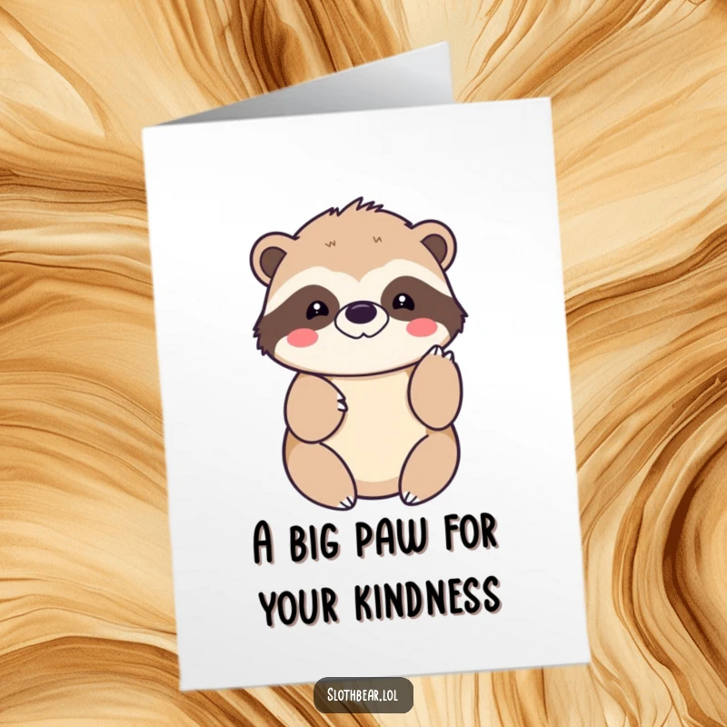 Funny Free Printable Thank You Card: Kawaii sloth bear extending a gentle paw tap in gratitude, a cute and humorous way to say thanks.