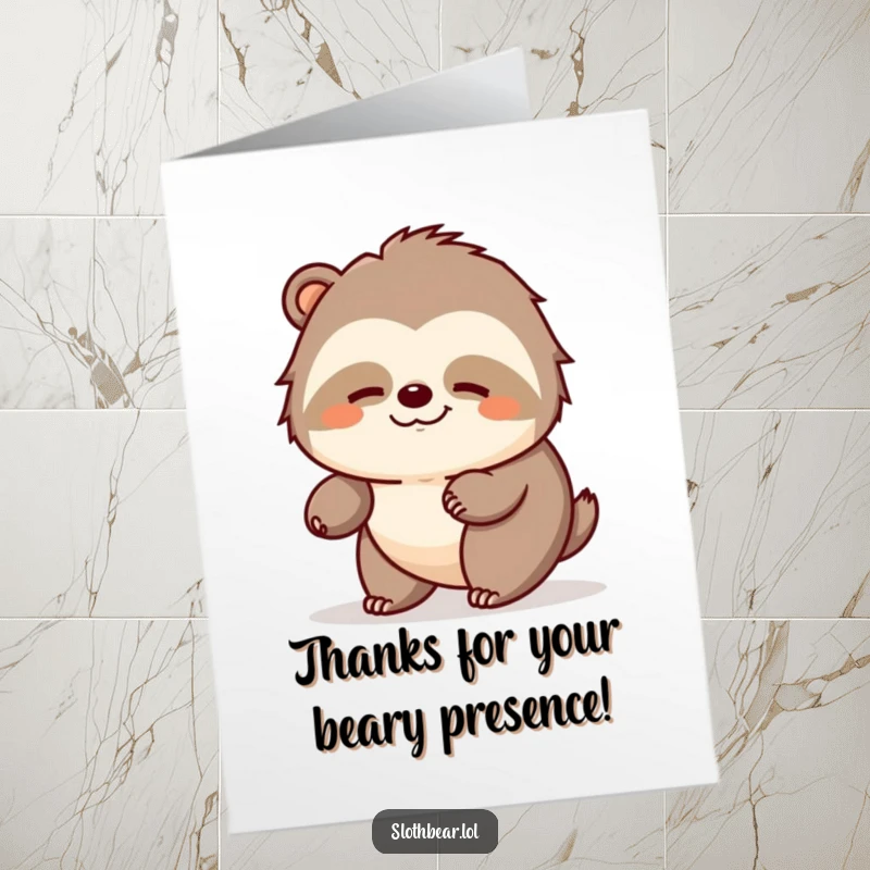 Funny Free Printable Thank You Card: A sloth bear ambles peacefully with a contented smile, conveying thanks.