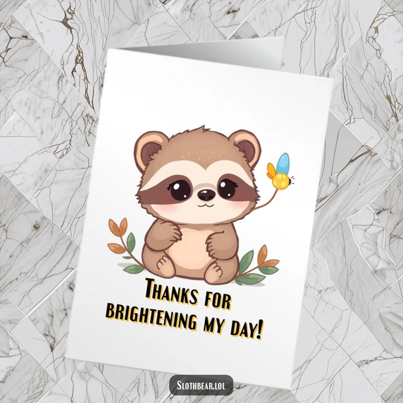Funny Free Printable Thank You Card: A curious sloth bear watches a firefly's gentle glow, expressing thanks.