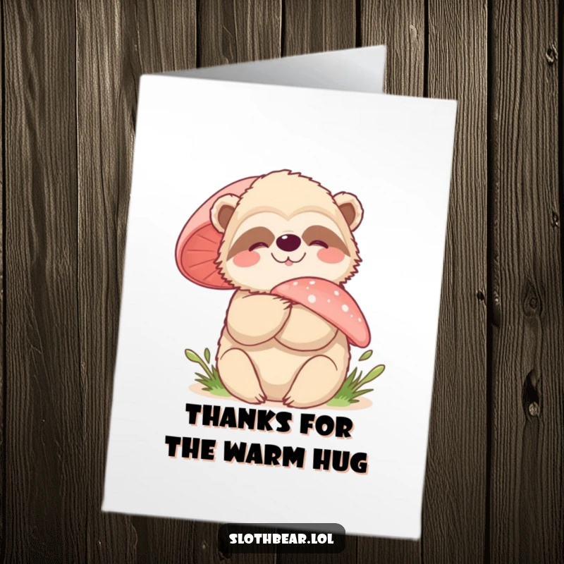 Funny Free Printable Thank You Card: A joyful sloth bear hugging a giant fuzzy mushroom, conveying warm thanks. Download for easy printing!