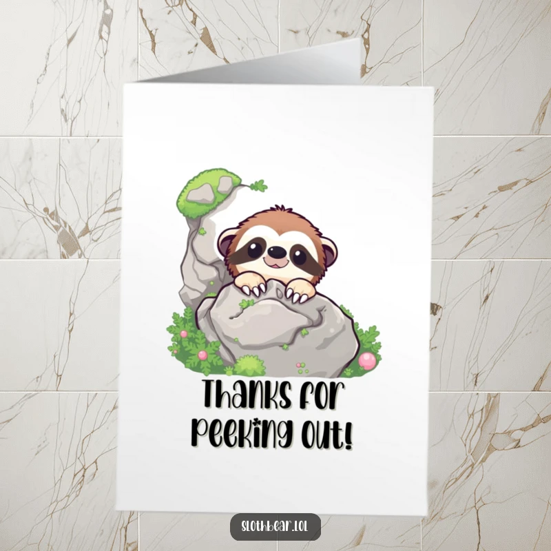 Funny Free Printable Thank You Card: Cheerful sloth bear peeks from behind a mossy rock, expressing sincere thanks.