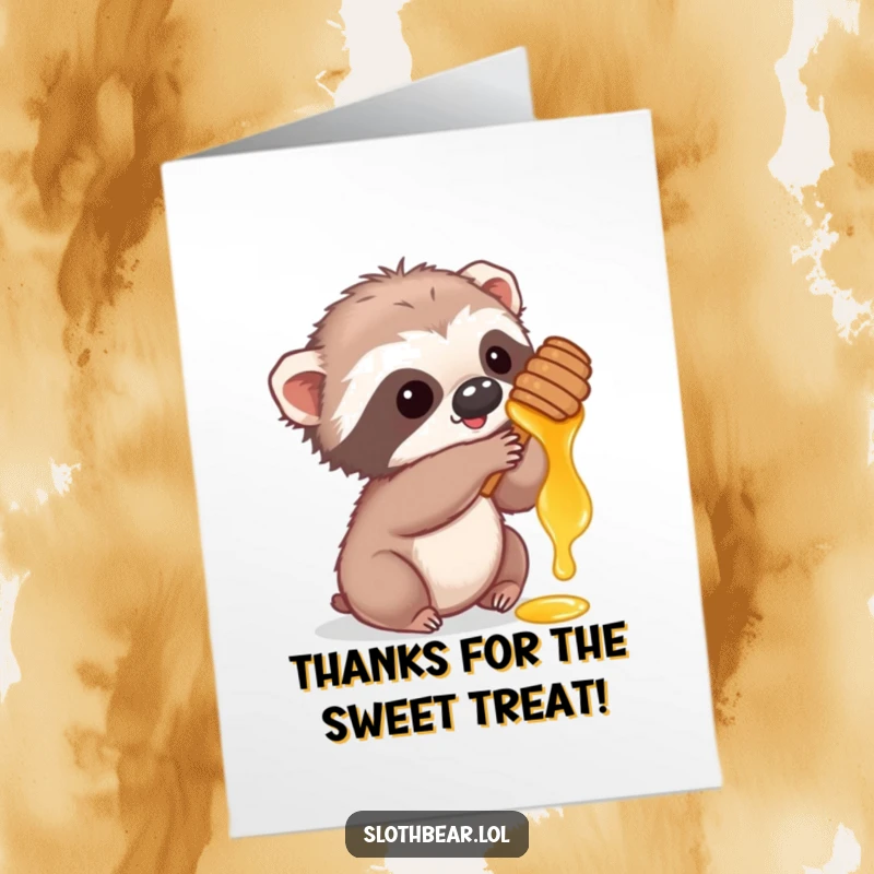 Funny Free Printable Thank You Card: a cute sloth bear cub reaches for honey, symbolizing sweet thanks.