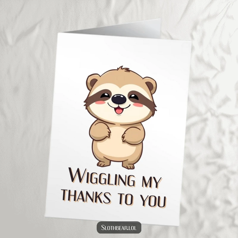 Funny Free Printable Thank You card: Sloth bear doing a funny wiggle, a lighthearted and unique way to say thank you.