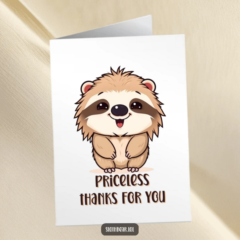 Funny Free Printable Thank You card: Sloth bear making a funny, distorted face, a humorous way to convey thanks.