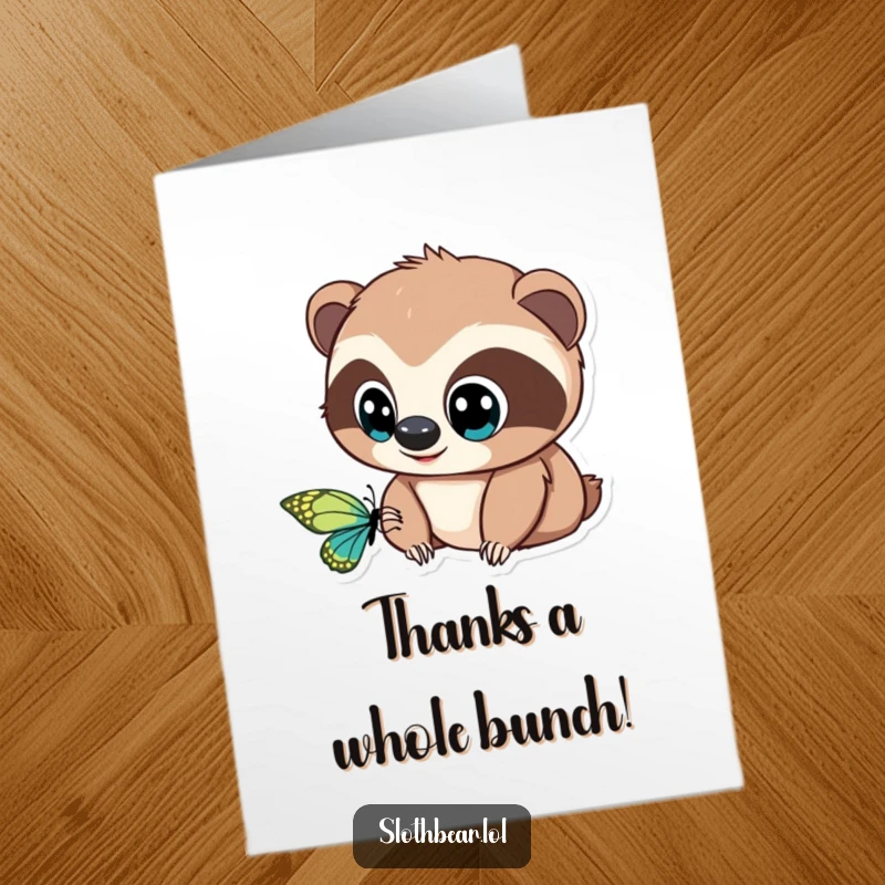 Funny Free Printable Sloth Bear Thank You Card, a sweet bear with big eyes observing a butterfly, perfect for a DIY thank you.