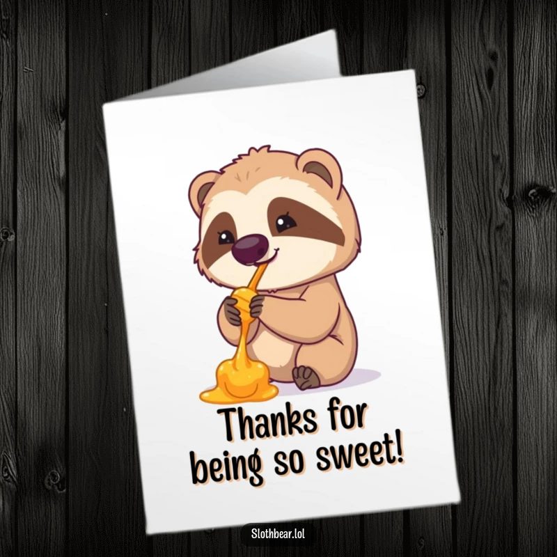 Funny Free Printable Sloth Bear Thank You Card, a bear daintily licking honey, perfect for showing appreciation.