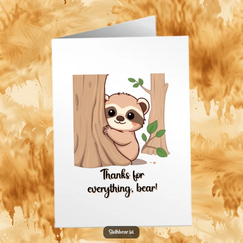 Funny free printable thank you card; a fuzzy sloth bear peeks from behind a tree, humorously expressing gratitude.