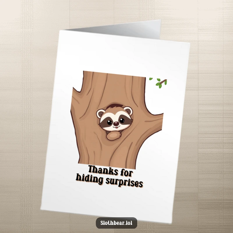 Cute Free Printable Thank You Card with a kawaii sloth bear curiously peeking from behind a large, textured tree.