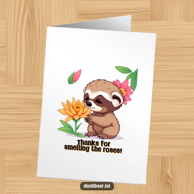 Funny Free Printable Thank You Card: Curious sloth bear cub wonders at a vibrant flower, sending sweet thanks.