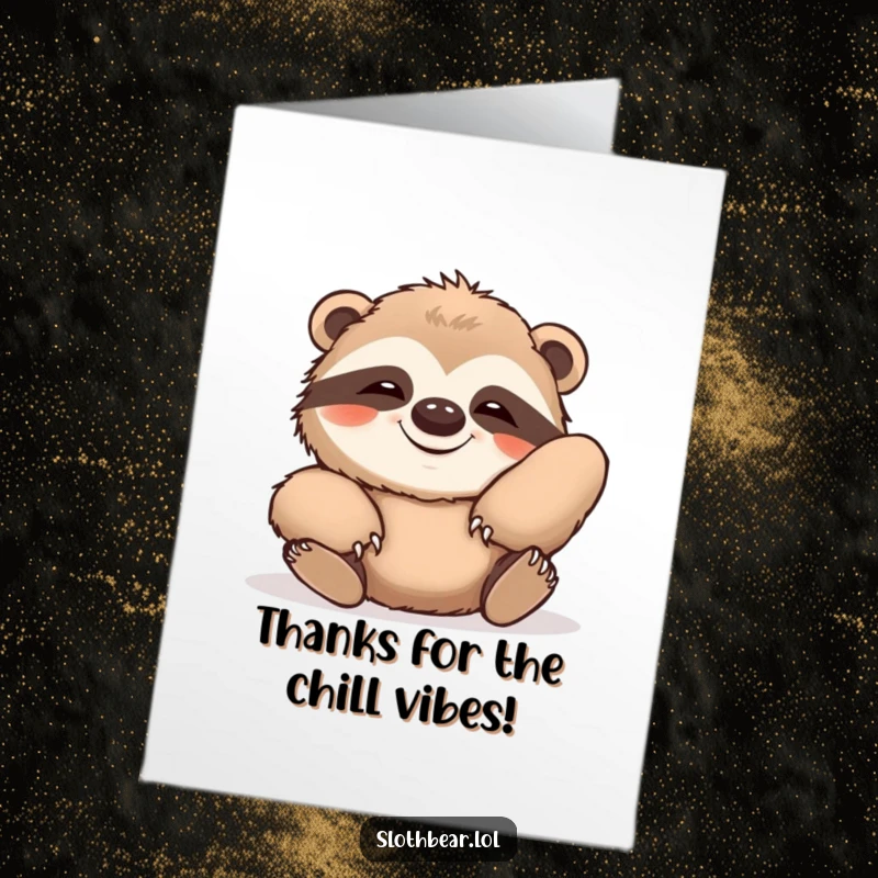 Funny free printable thank you card; a sloth bear stretches lazily with a contented grin, offering warm thanks.