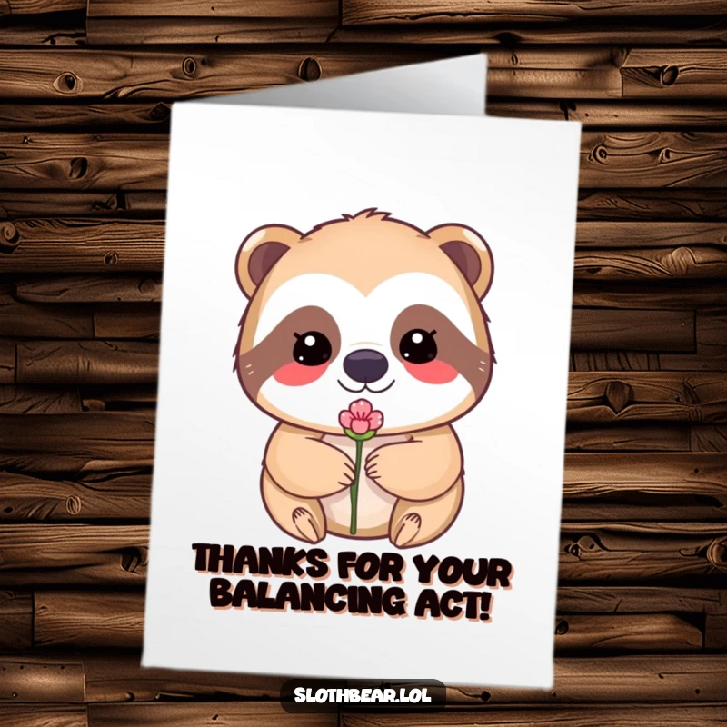 Funny Free Printable Thank You Card: Kawaii sloth bear delicately balancing a small flower bud on its nose, showing sweet appreciation.