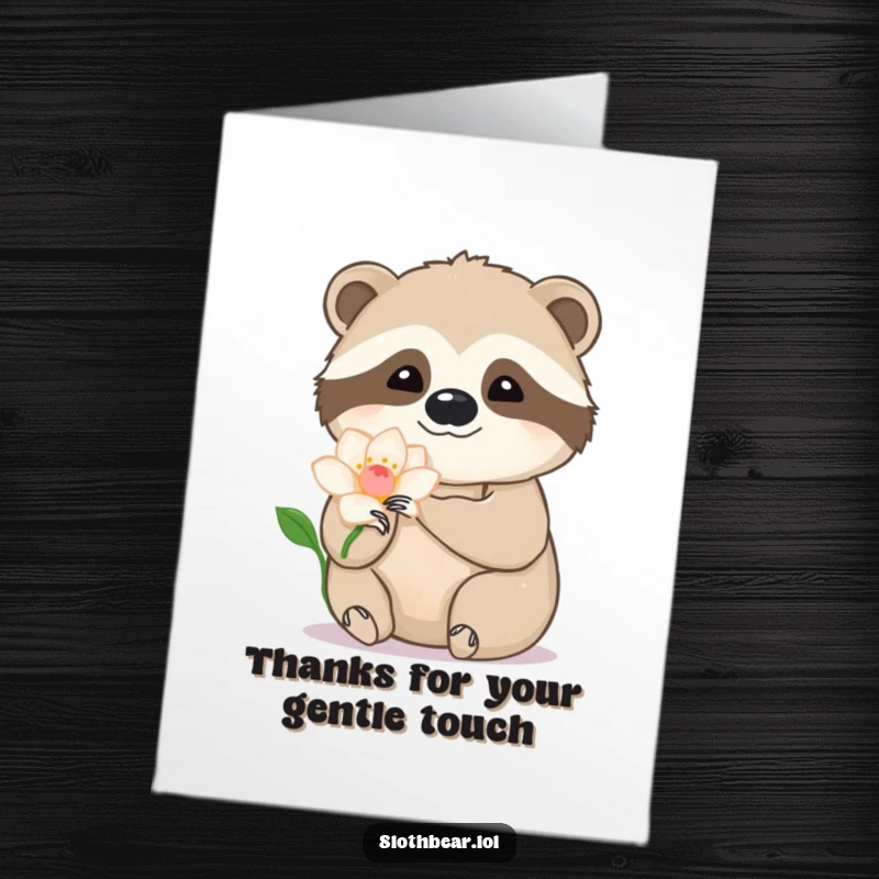 Free Printable Thank You Card: Sloth bear delicately strokes a flower petal, conveying a soft and sincere thank you.