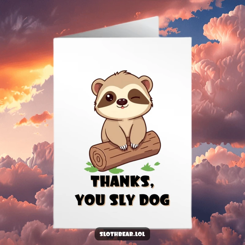Funny Free Printable Thank You Card: A sloth bear character sits on a log and winks, offering a charming and appreciative gesture.