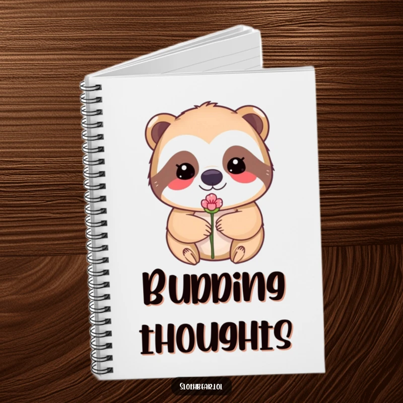 Funny notebook cover featuring a kawaii sloth bear concentrating on balancing a small flower bud on its nose.