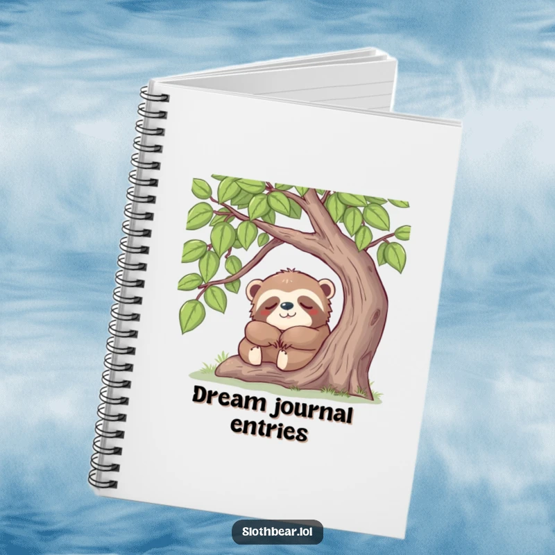 Funny sloth bear napping under a tree, featured on the cover of a notebook for capturing thoughts and dreams.