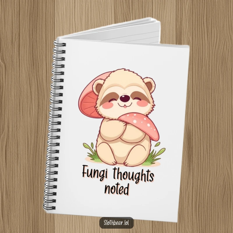 Funny sloth bear mushroom hug notebook, perfect for journaling nature observations and creative thoughts with its charming design.
