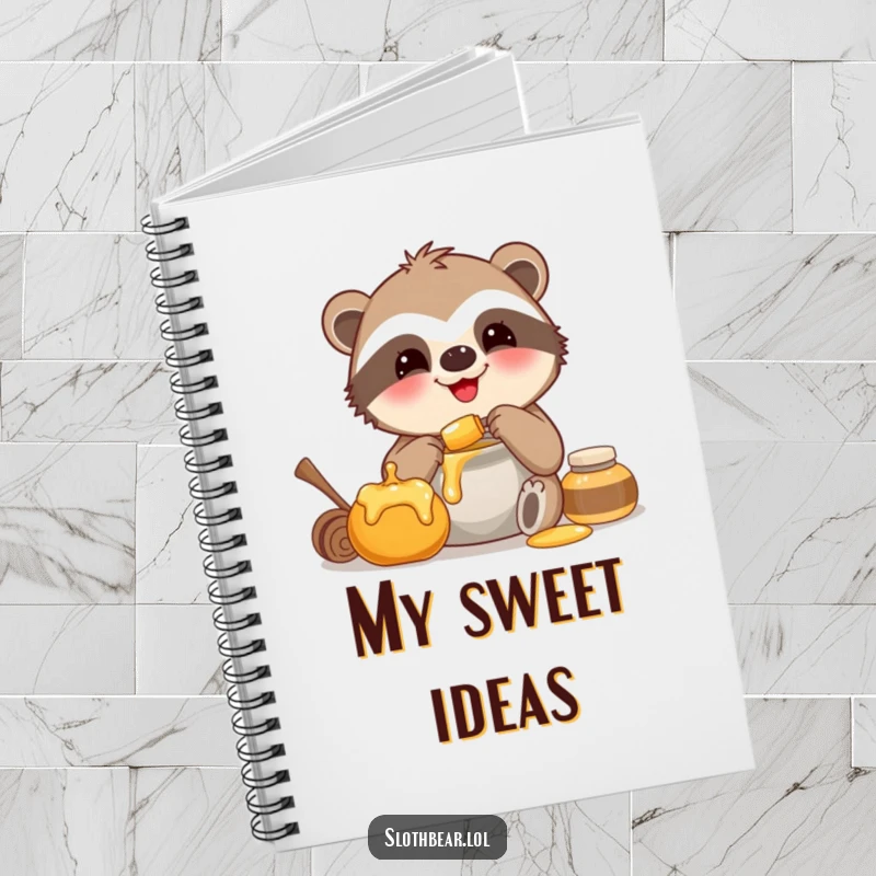 Funny notebook with a smiling sloth bear happily munching on honey, ideal for writing and planning.