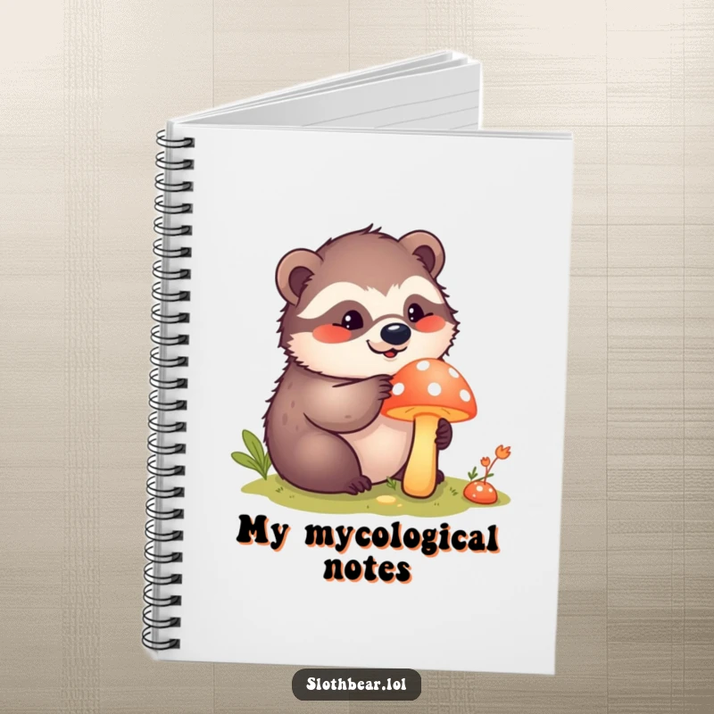 Funny kawaii sloth bear curiously poking a bright mushroom on the cover of a lined notebook, encouraging exploration.