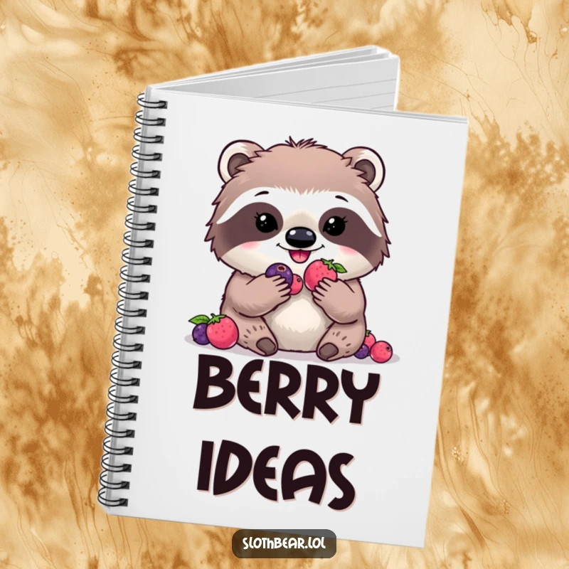 Funny kawaii sloth bear notebook with a cute character eating digital berries, great for journaling and humor.