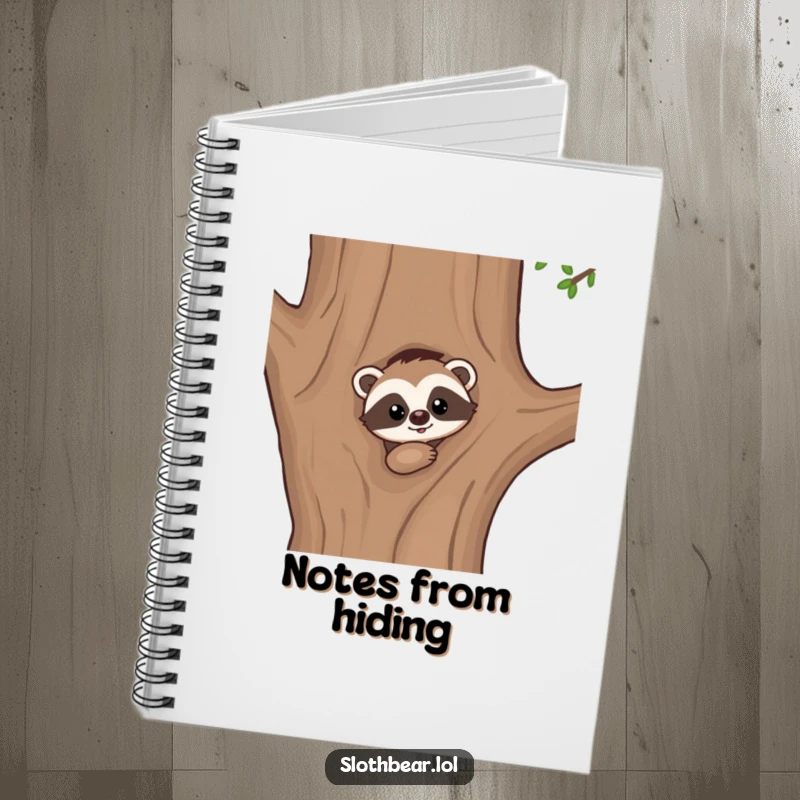 Funny notebook cover: A kawaii sloth bear character peeking from behind a tree, perfect for jotting down curious thoughts.