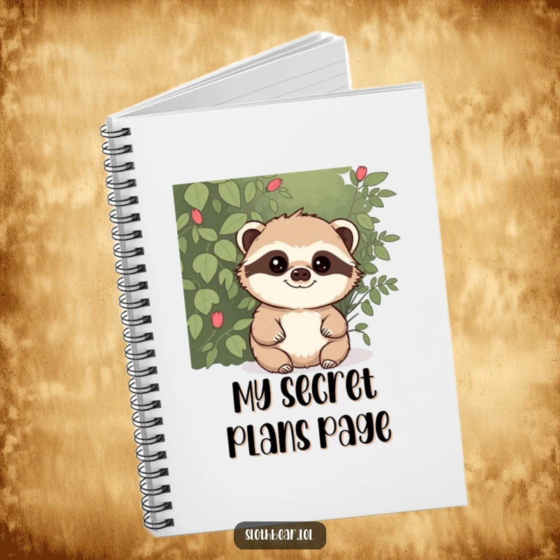 Funny notebook with a sloth bear peeking mischievously from behind a bush, ideal for writing and note-taking with a touch of playful intrigue.