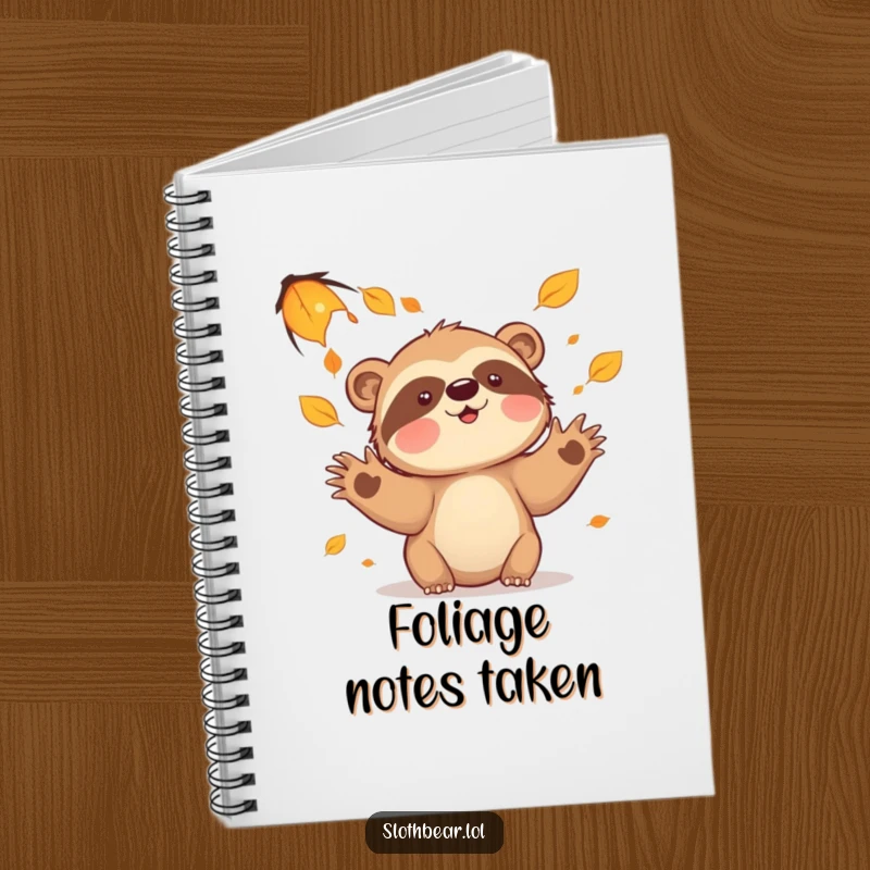 Funny sloth bear leaves notebook, perfect for journaling autumn thoughts and playful ideas with its charming seasonal character.