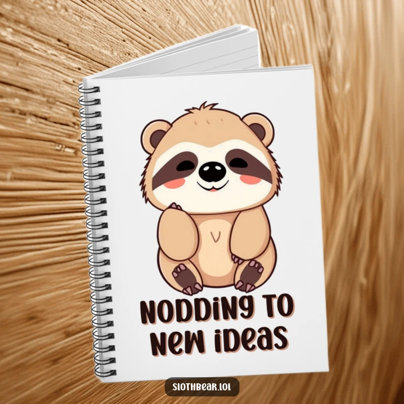 Funny Notebook featuring a kawaii sloth bear character giving a slow, friendly nod, perfect for note-taking and journaling with calm.