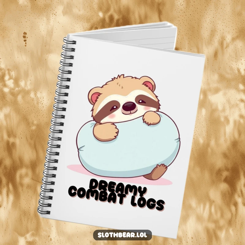 Funny sloth bear notebook featuring a bear playfully wrestling with a large, soft pillow, for storing fun ideas.