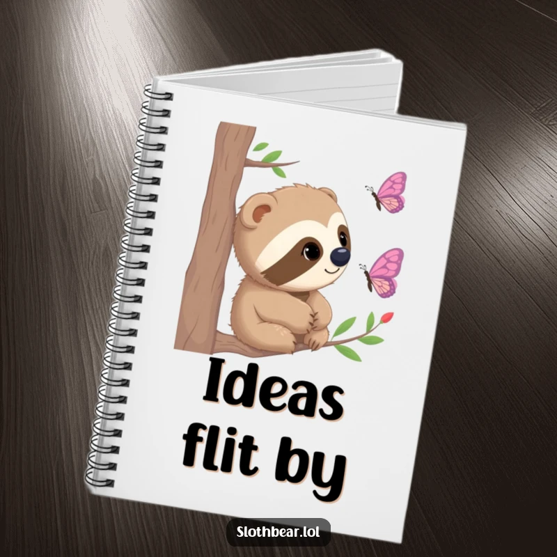 Funny Notebook with a curious sloth bear watching a butterfly, ideal for jotting down nature-inspired thoughts.
