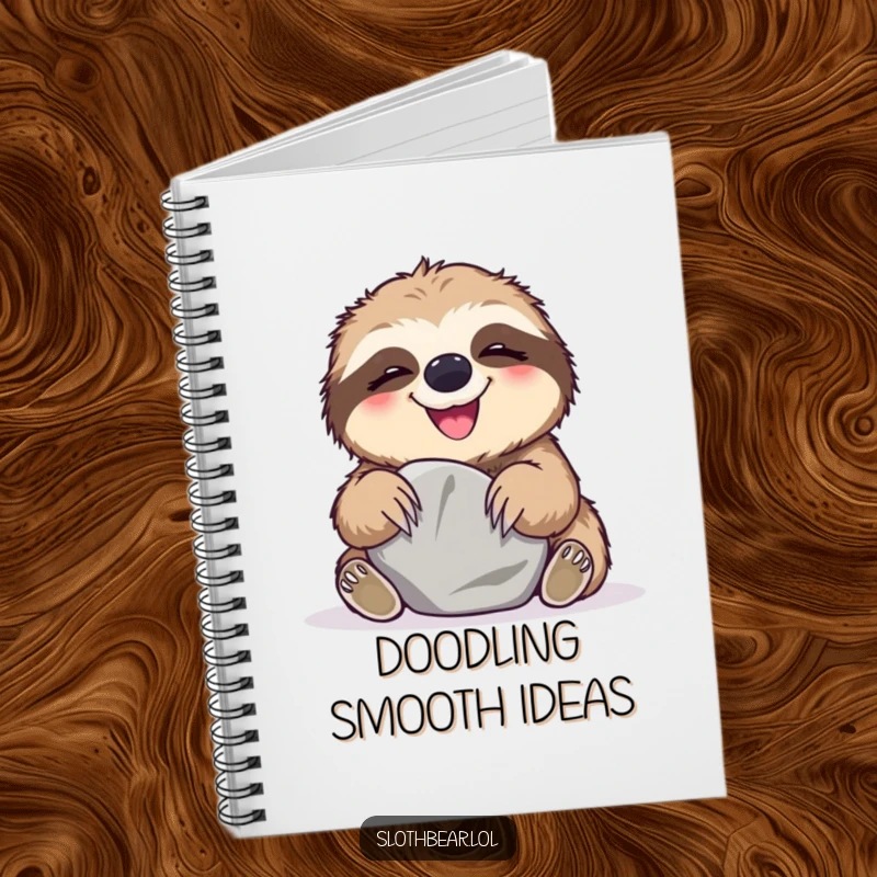 Funny Notebook with a sloth bear giggling while playing with a smooth stone, ideal for jotting down happy thoughts.