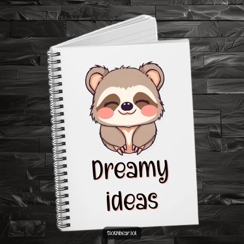 Funny notebook cover featuring a kawaii sloth bear character looking sleepy and giving a charming wink.