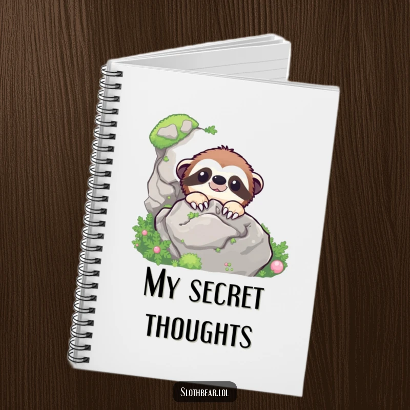Funny sloth bear character peeking from behind a mossy rock, featured on the cover of a funny notebook.