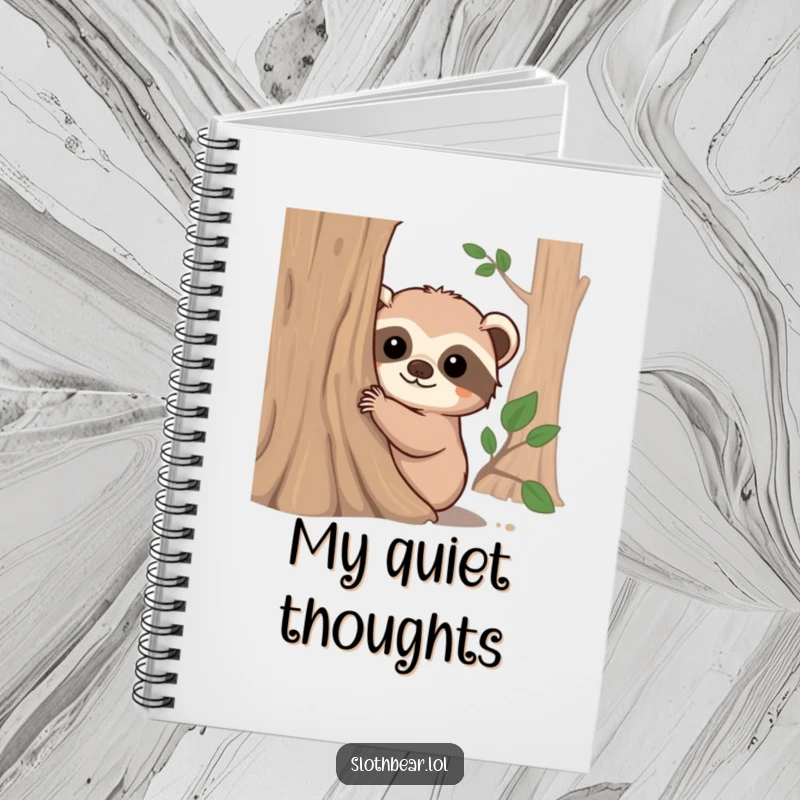 Funny notebook cover with a fuzzy-eared sloth bear peeking from behind a tree, perfect for jotting down curious observations and ideas.