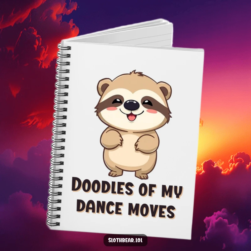 Funny notebook with a sloth bear doing a comical wiggle, ideal for writing and note-taking with a touch of humorous, energetic design.