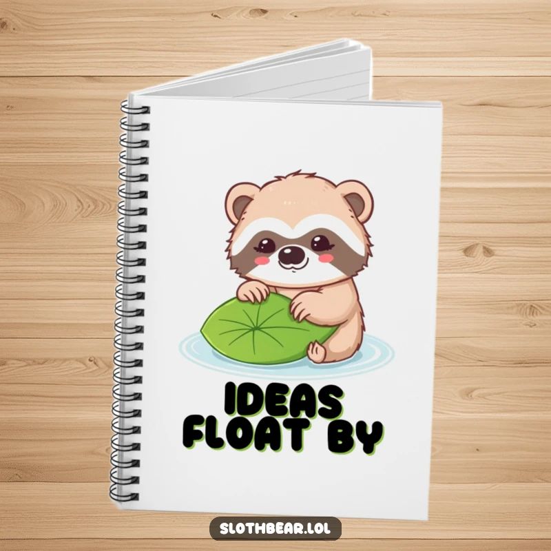 Funny notebook cover featuring a kawaii sloth bear character gently nudging a leaf floating on water.