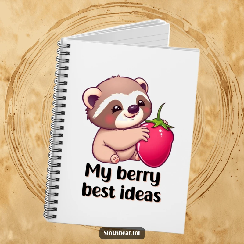 Funny notebook cover: A kawaii sloth bear character reaching for a berry, perfect for jotting down sweet thoughts.