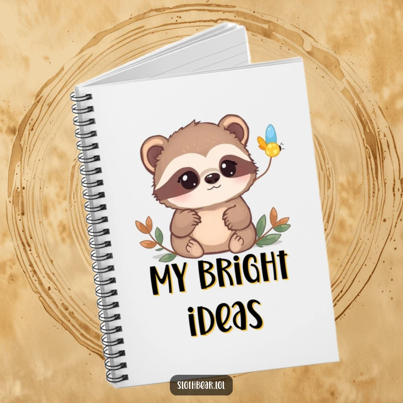 Funny sloth bear notebook featuring a bear with curious eyes watching a firefly blink on, for capturing curious ideas.