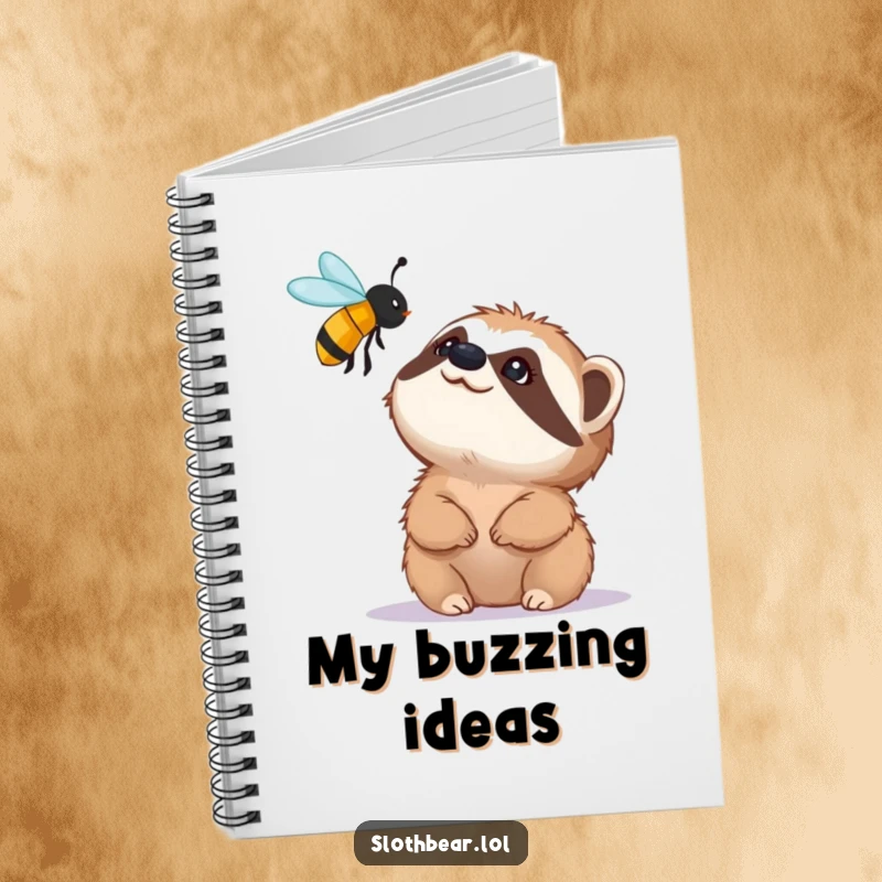 Funny notebook with a small sloth bear character looking up with fascination at a buzzing bee, ideal for jotting down inspired thoughts.