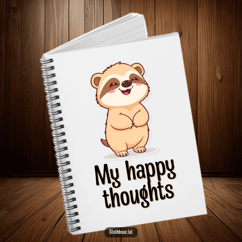 Funny sloth bear standing upright and pleased, featured on the cover of a notebook for capturing thoughts.