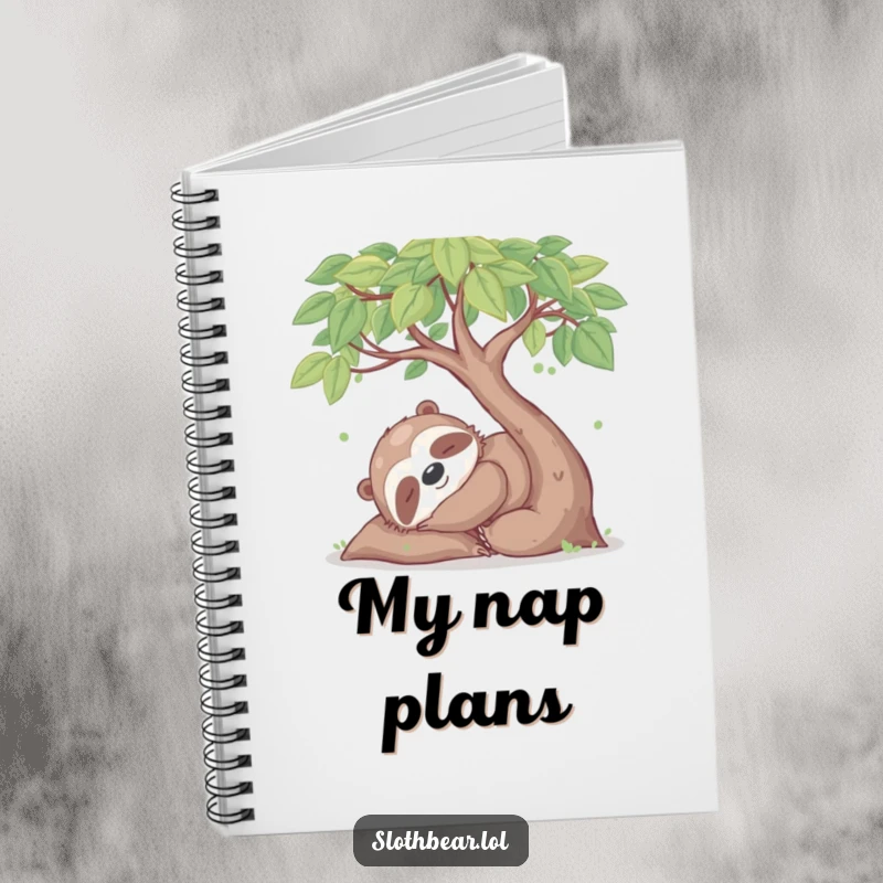 Funny notebook with a happy sloth bear character napping under a leafy tree, perfect for jotting down calm and relaxed ideas.