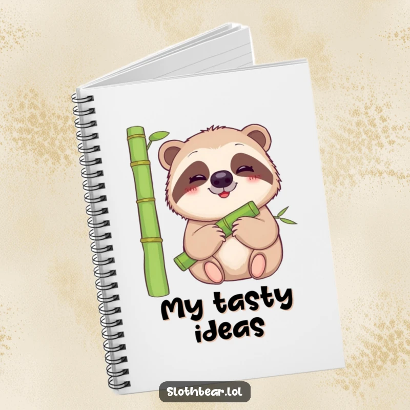 Funny sloth bear notebook featuring a gentle bear with a smile munching on bamboo, for peaceful note-taking.