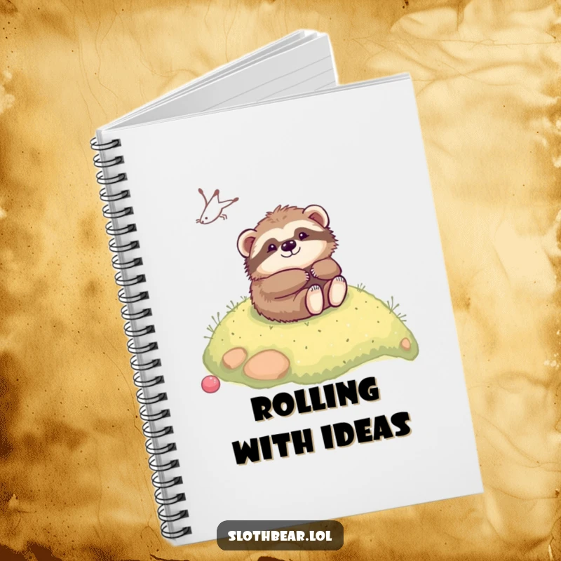 Funny kawaii sloth bear rolling down a hill on the cover of a lined notebook, inspiring cheerful note-taking.