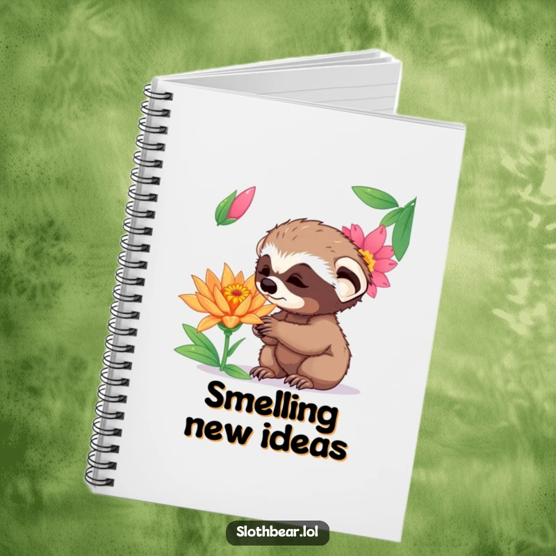 Funny curious sloth bear cub sniffing a vibrant exotic flower, featured on the cover of a funny notebook.