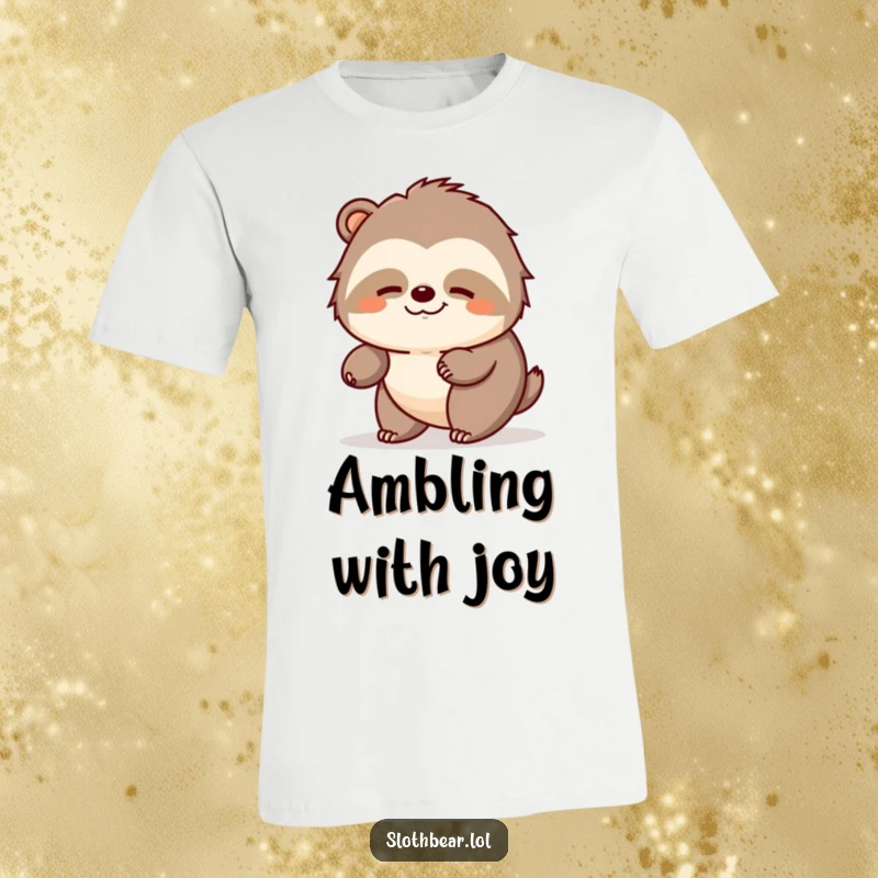 Funny sloth bear t-shirt showing a bear ambling peacefully with a contented expression, relaxed and cute apparel.