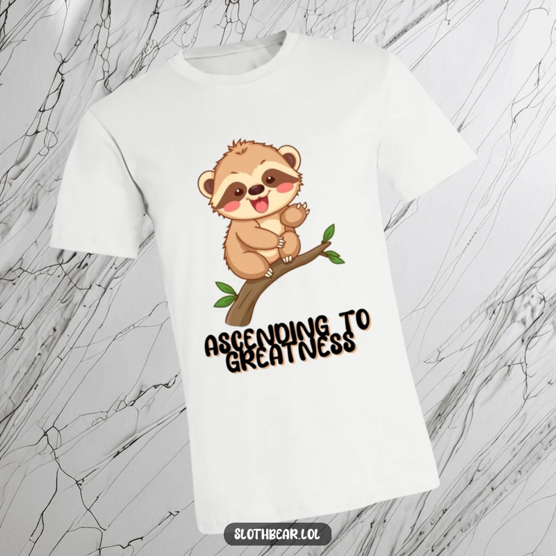 Funny sloth bear cub t-shirt depicting an excited character climbing a branch, perfect for active and playful individuals.