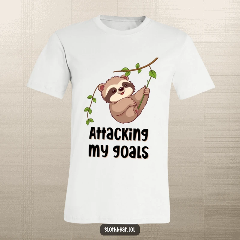 Funny t-shirt graphic: A delightful sloth bear reaching up to playfully swat at a dangling vine, showing pure joy.