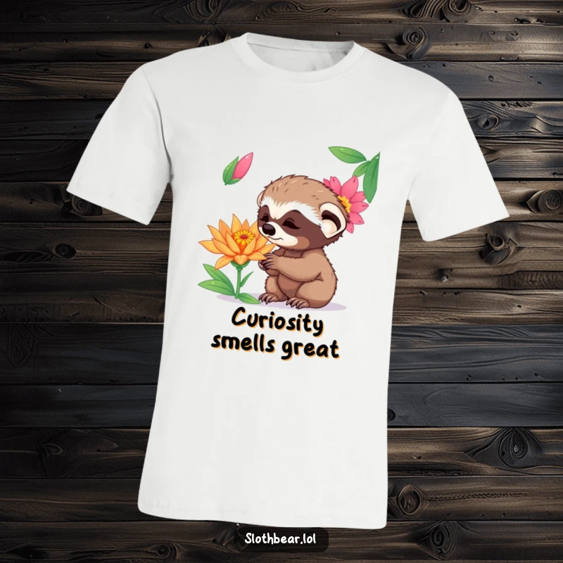 Funny curious sloth bear cub sniffing an exotic flower with wonder, featured on a humorous t-shirt.